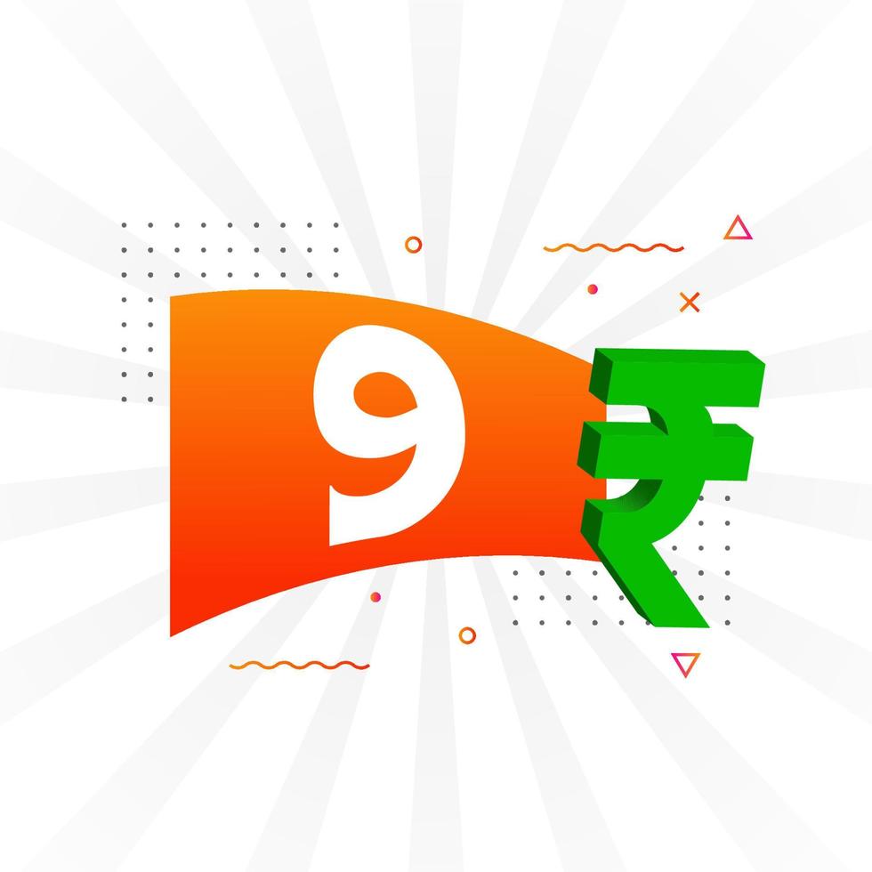 9 Rupee symbol bold text vector image. 9 Indian Rupee currency sign vector illustration