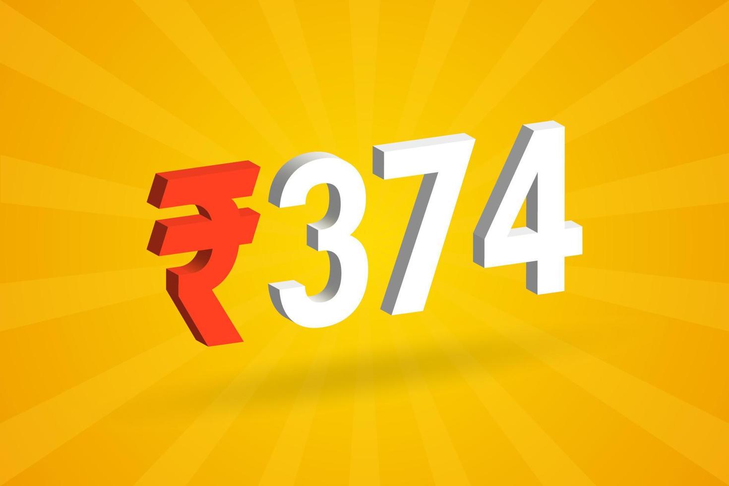 374 Rupee 3D symbol bold text vector image. 3D 374 Indian Rupee currency sign vector illustration