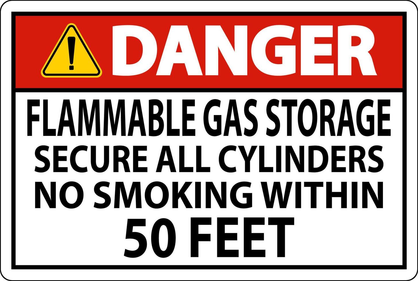 señal de peligro almacenamiento de gas inflamable, asegurar todos los cilindros, no fumar dentro de los 50 pies vector