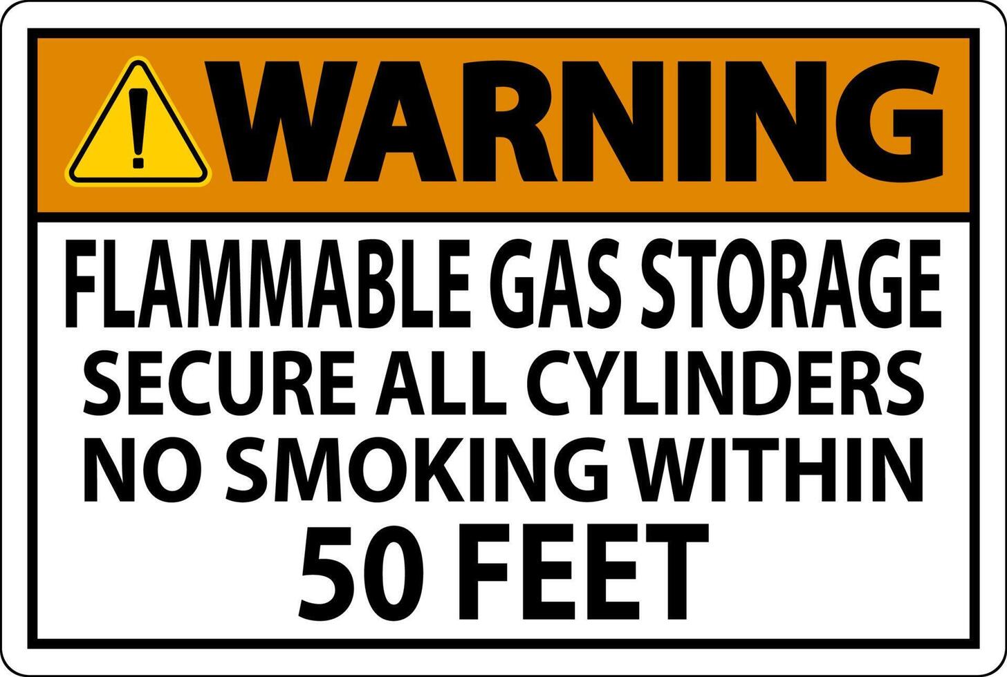 señal de advertencia de almacenamiento de gas inflamable, asegurar todos los cilindros, no fumar dentro de los 50 pies vector