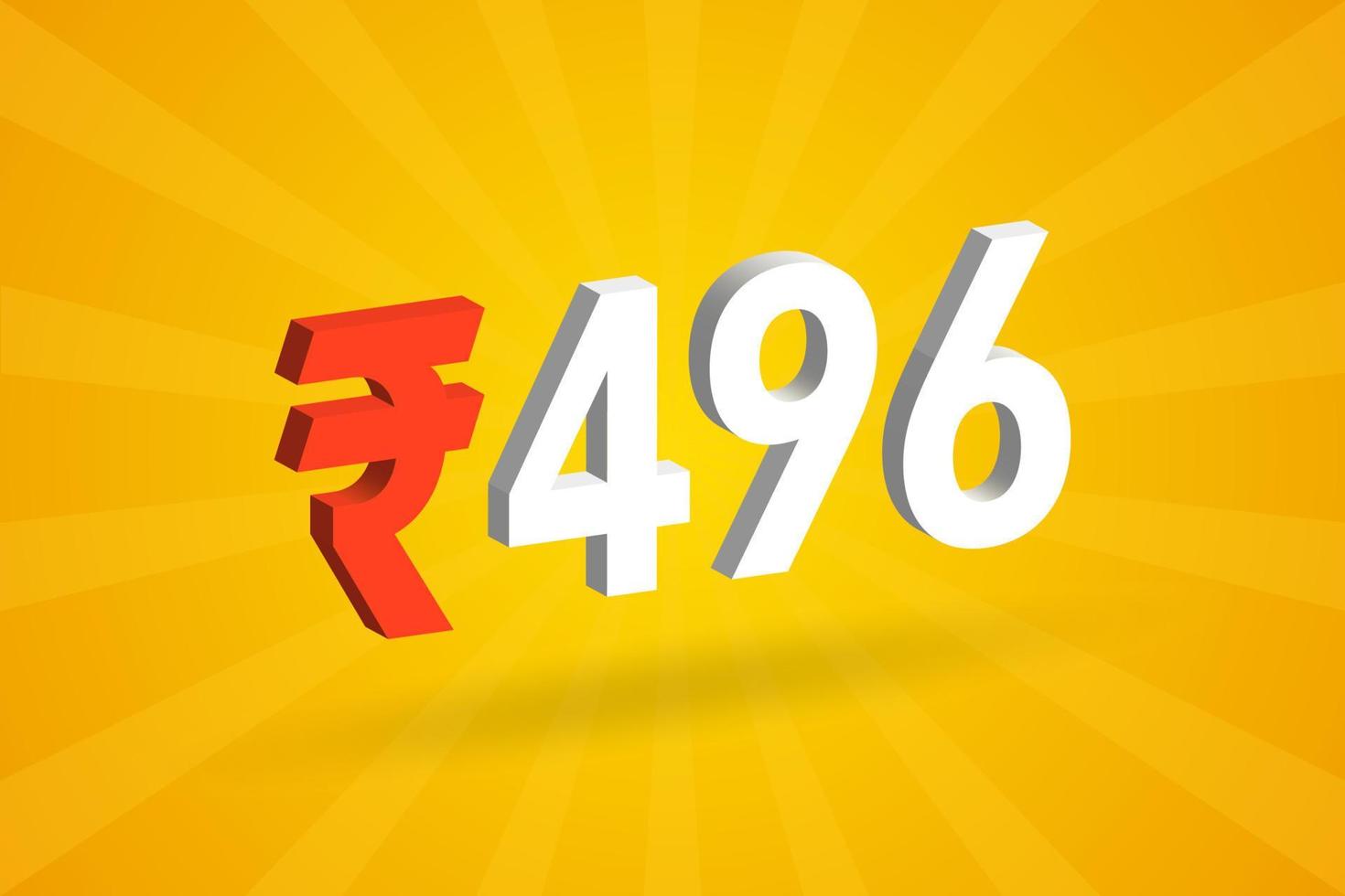 496 Rupee 3D symbol bold text vector image. 3D 496 Indian Rupee currency sign vector illustration