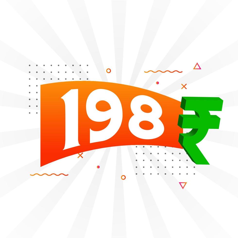 Imagen de vector de texto en negrita de símbolo de 198 rupias. 198 rupia india signo de moneda ilustración vectorial