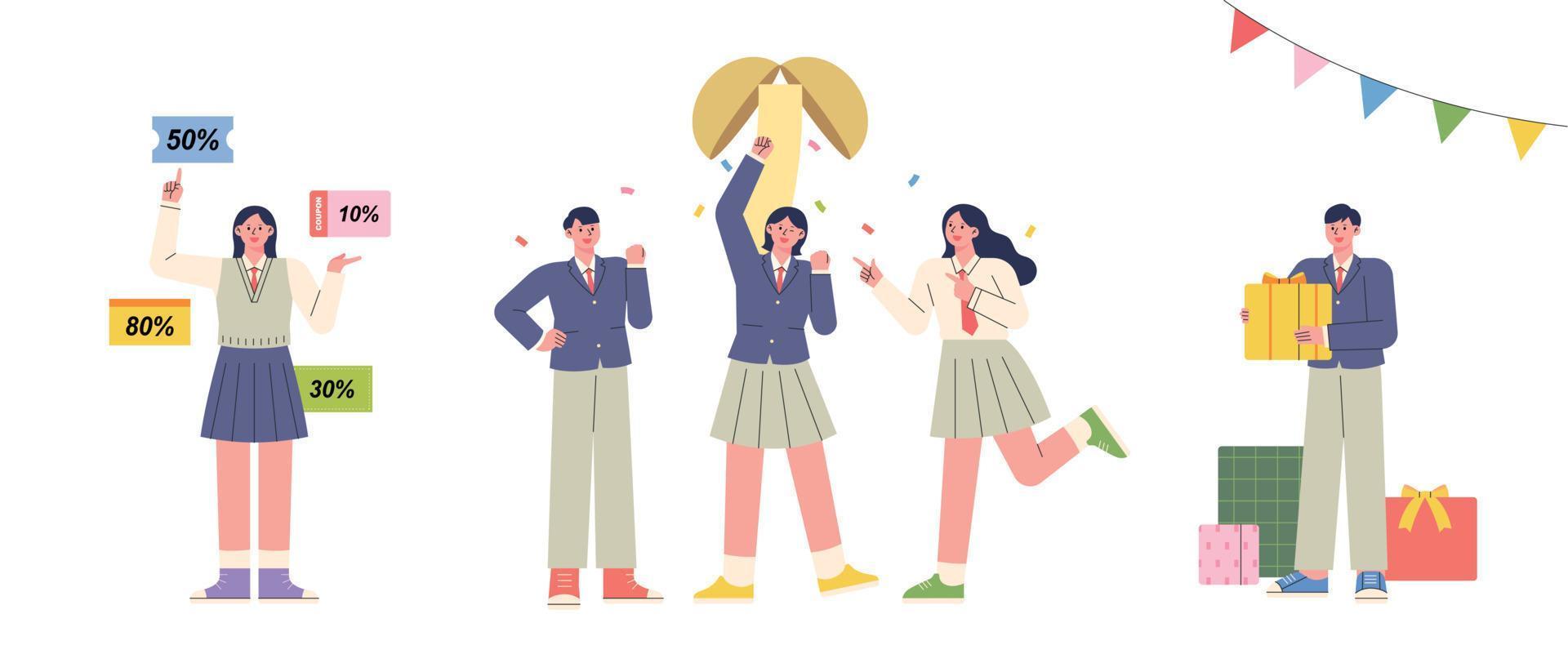 Students in school uniforms enjoy the event after college exams. vector