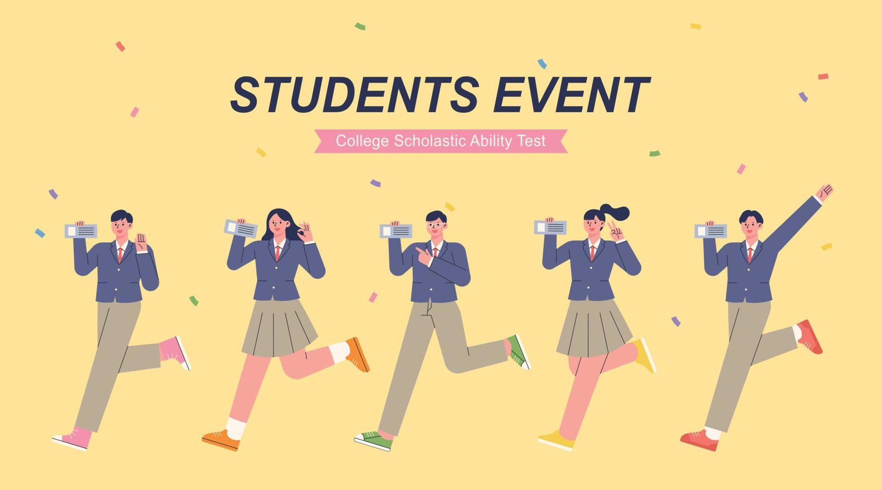 Students in school uniforms are running with test identification slips after college entrance exams. vector