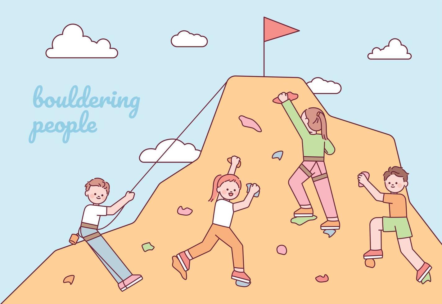 Many people are doing indoor rock climbing. They are going up to the flag. flat vector illustration.
