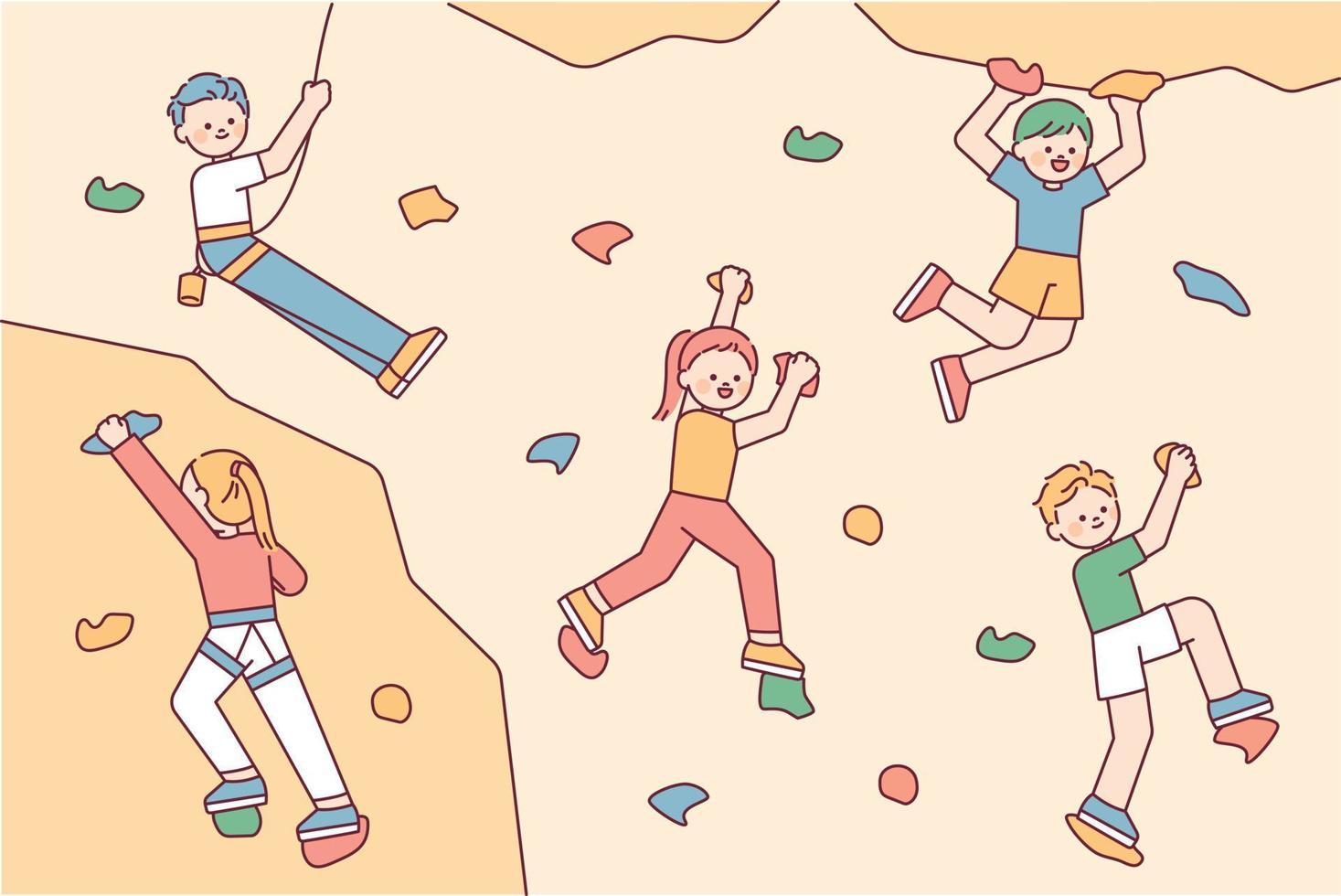 Many people are having fun doing indoor rock climbing. outline simple vector illustration.