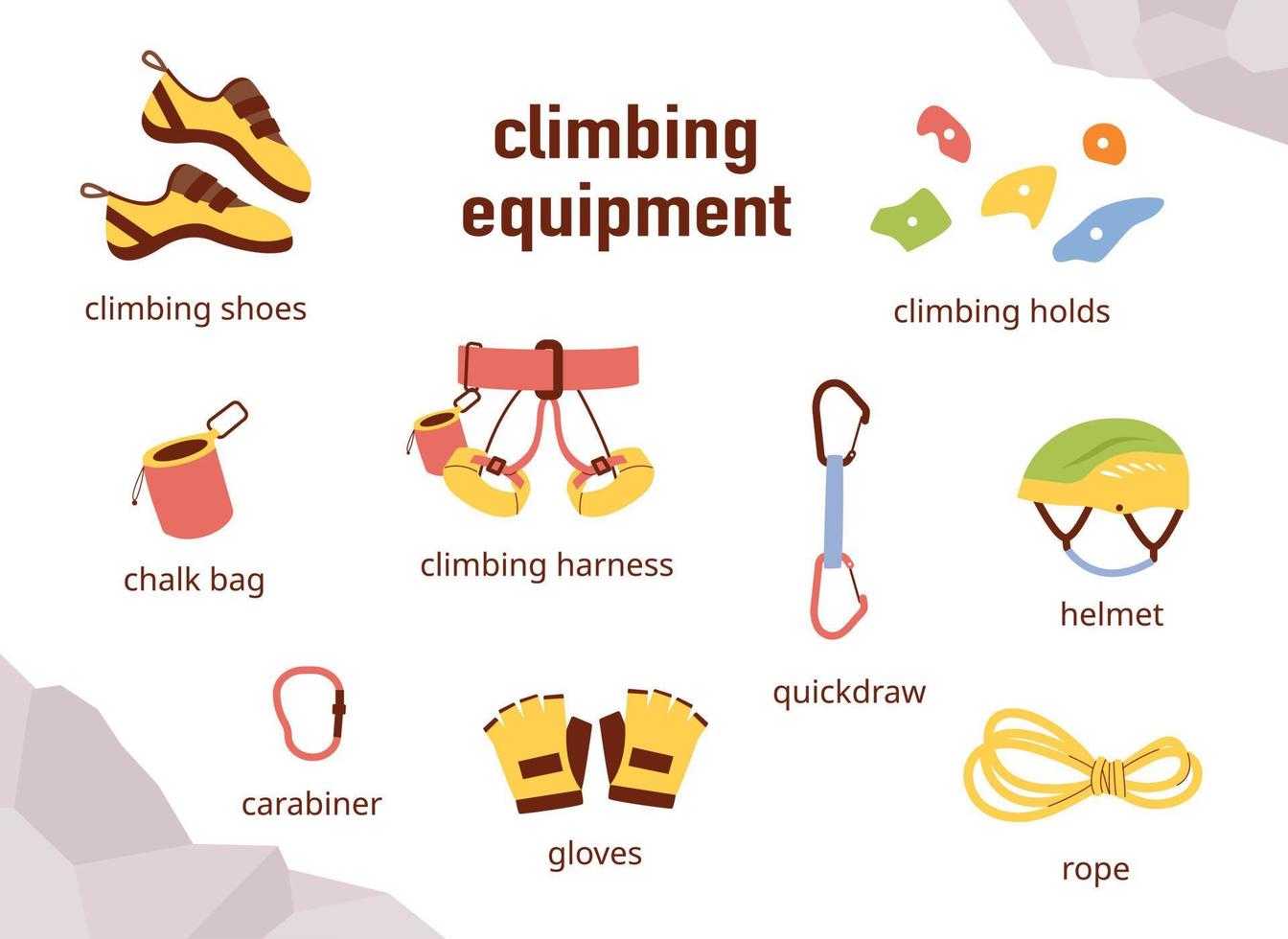 Indoor rock climbing equipment collection. flat vector illustration