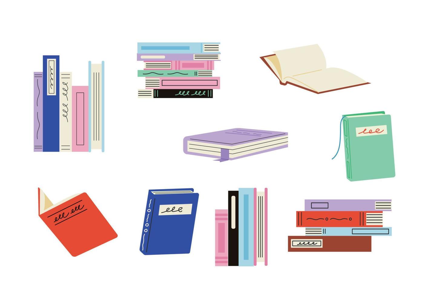 Books stacked vertically and horizontally. Book cover with writing. open books. flat vector illustration.