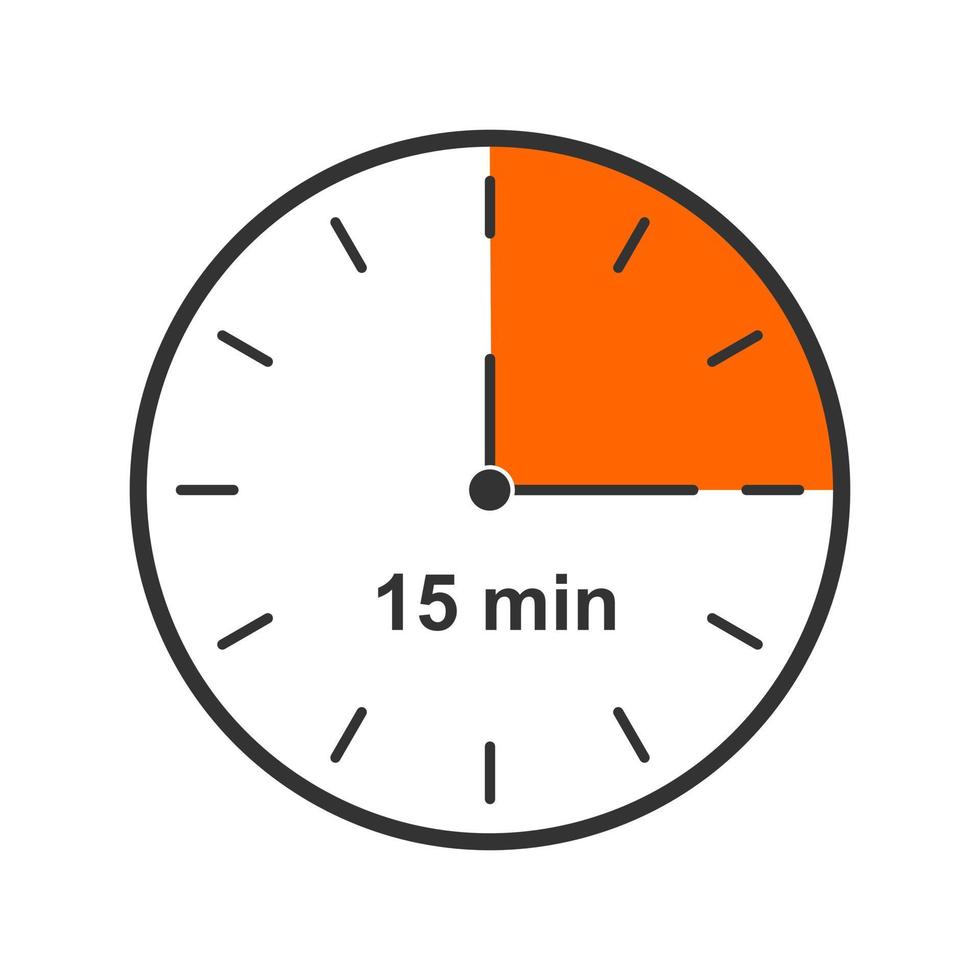 icono de reloj con intervalo de tiempo de 15 minutos. cuarto de hora. temporizador de cuenta regresiva o símbolo de cronómetro. elemento infográfico para cocina o juego deportivo. vector