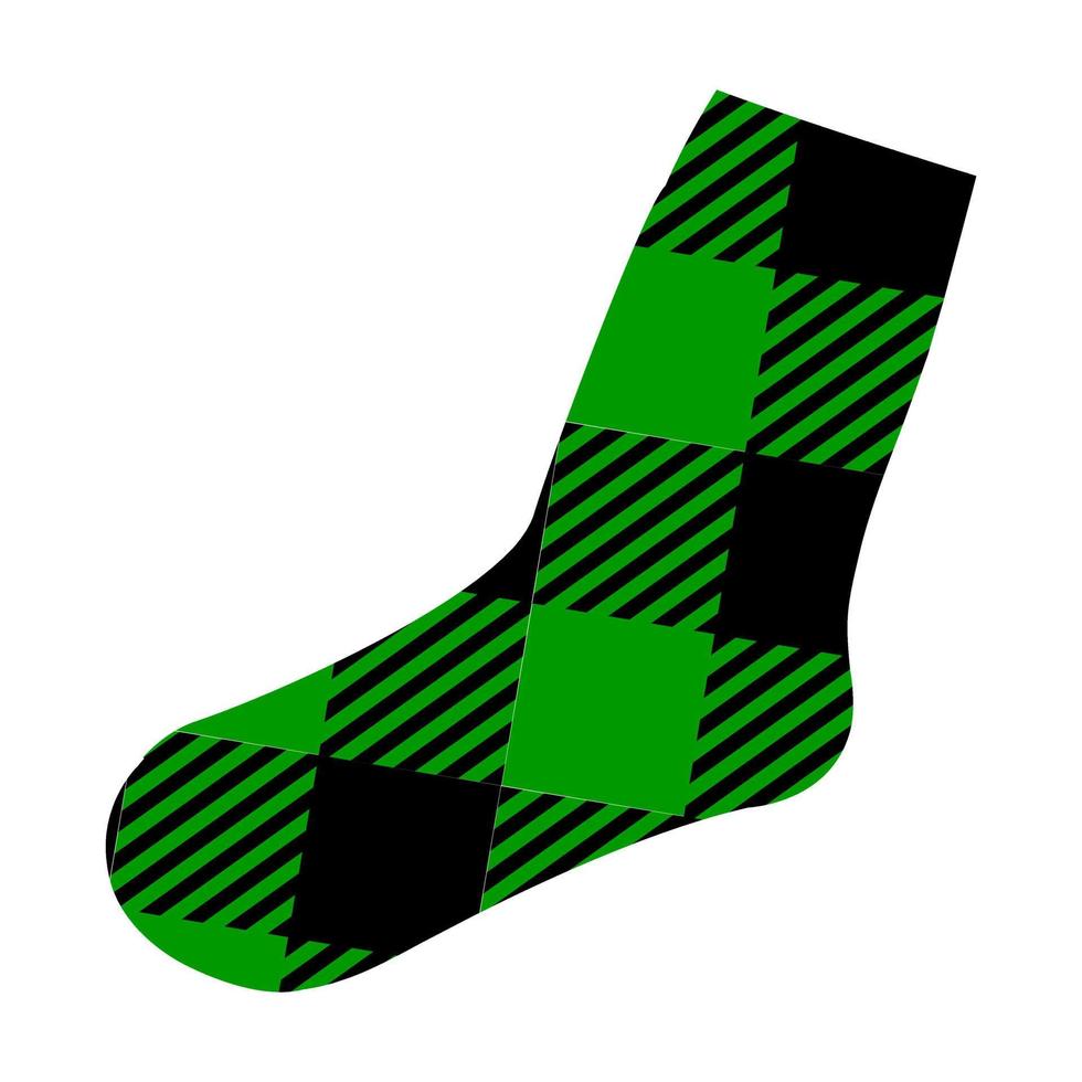 cálido calcetín de invierno con estampado de búfalos negros y verdes. forma de pie humano con estampado a cuadros de guinga vector