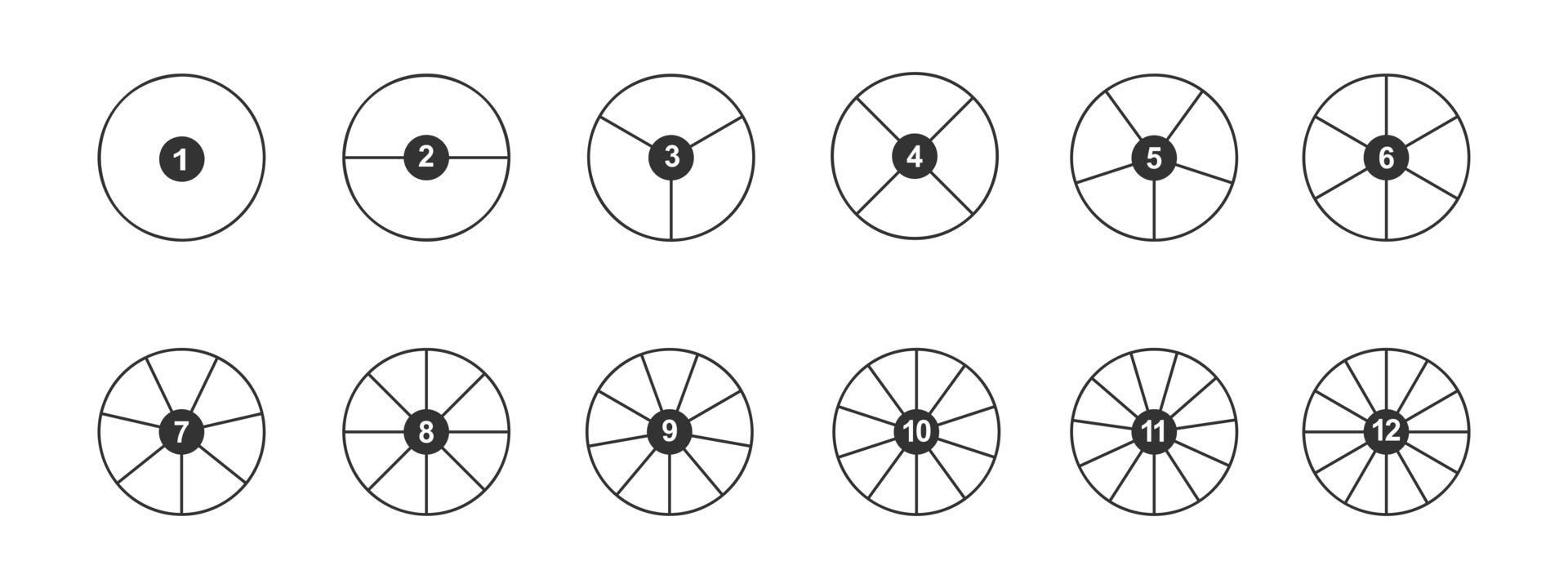 Circles Divided In Segments With Numbers From 1 To 12 Outline Round 