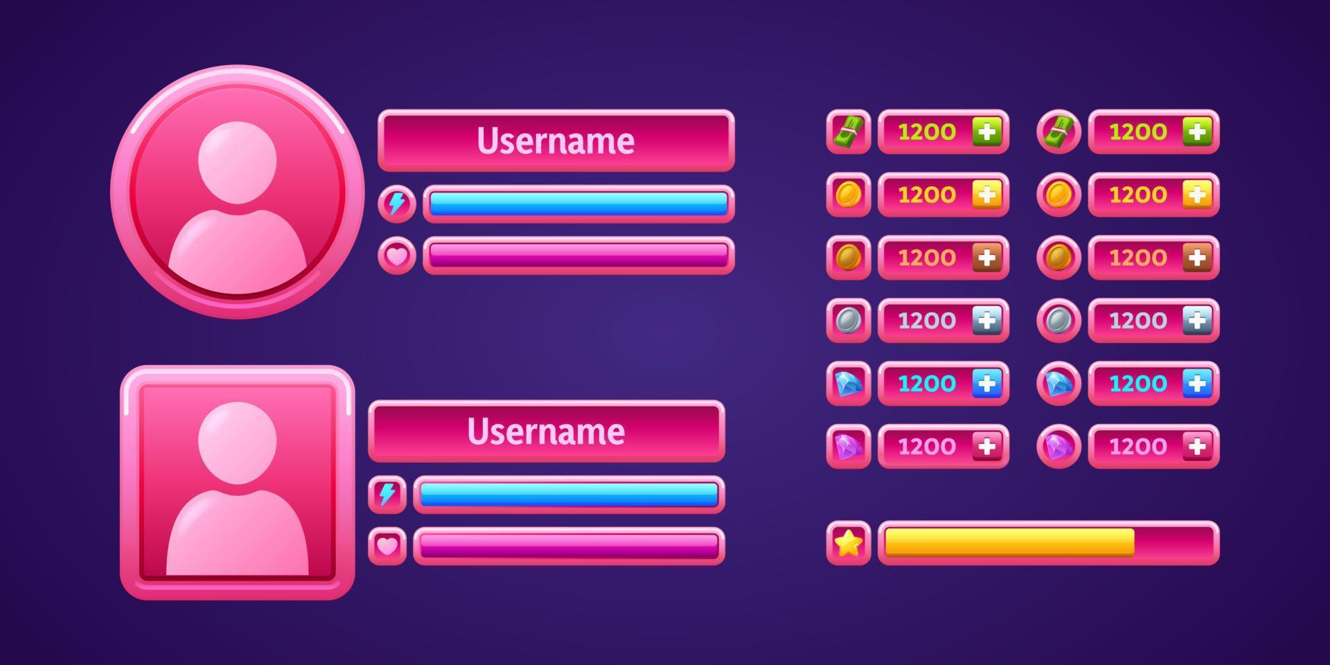 Pink game menu panel, rpg user profiles, rewards vector