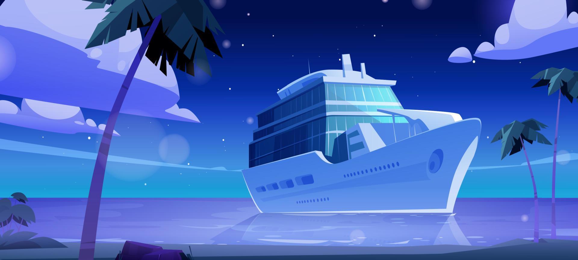 Tropical beach and cruise ship in sea at night vector