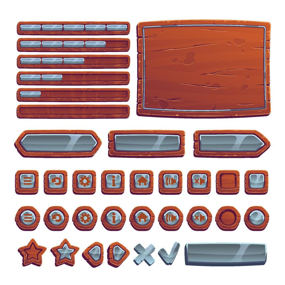 Game buttons of wood and stone, gamer interface vector