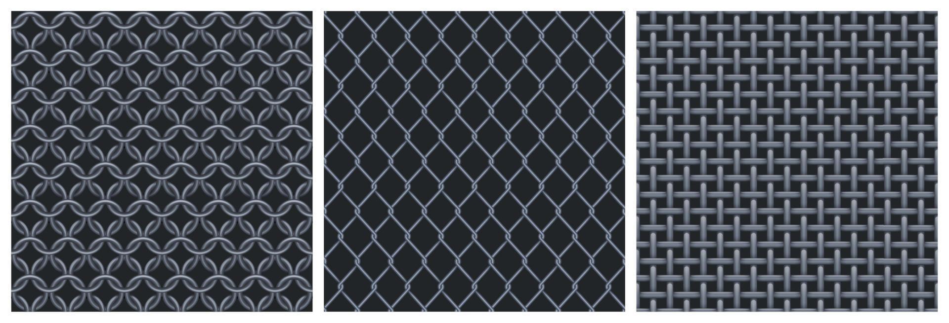 Metal net, steel mesh texture seamless patterns vector