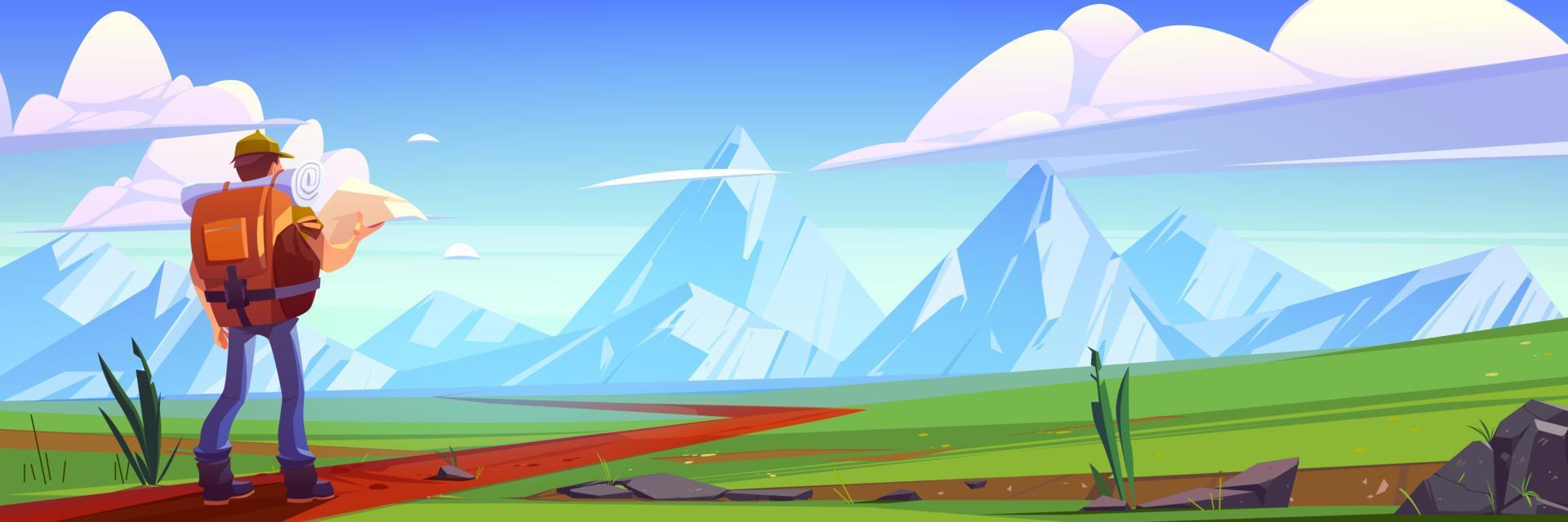 Hiker man on green meadow with mountains vector