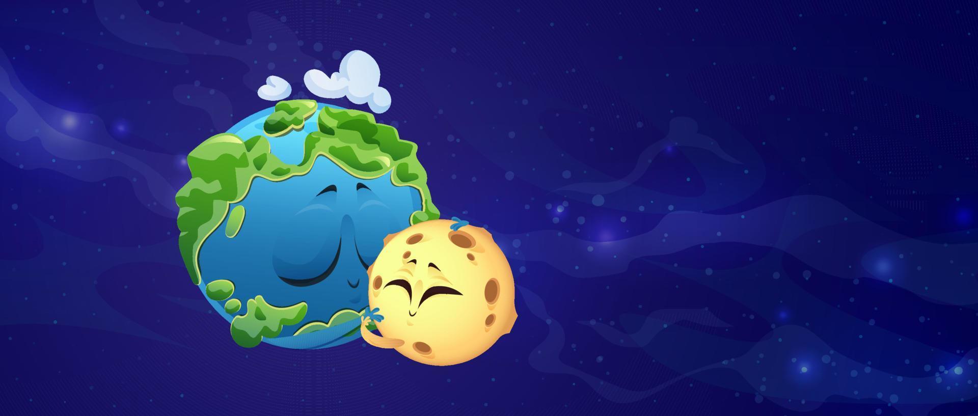 Cute planet Earth and Moon embrace in outer space vector