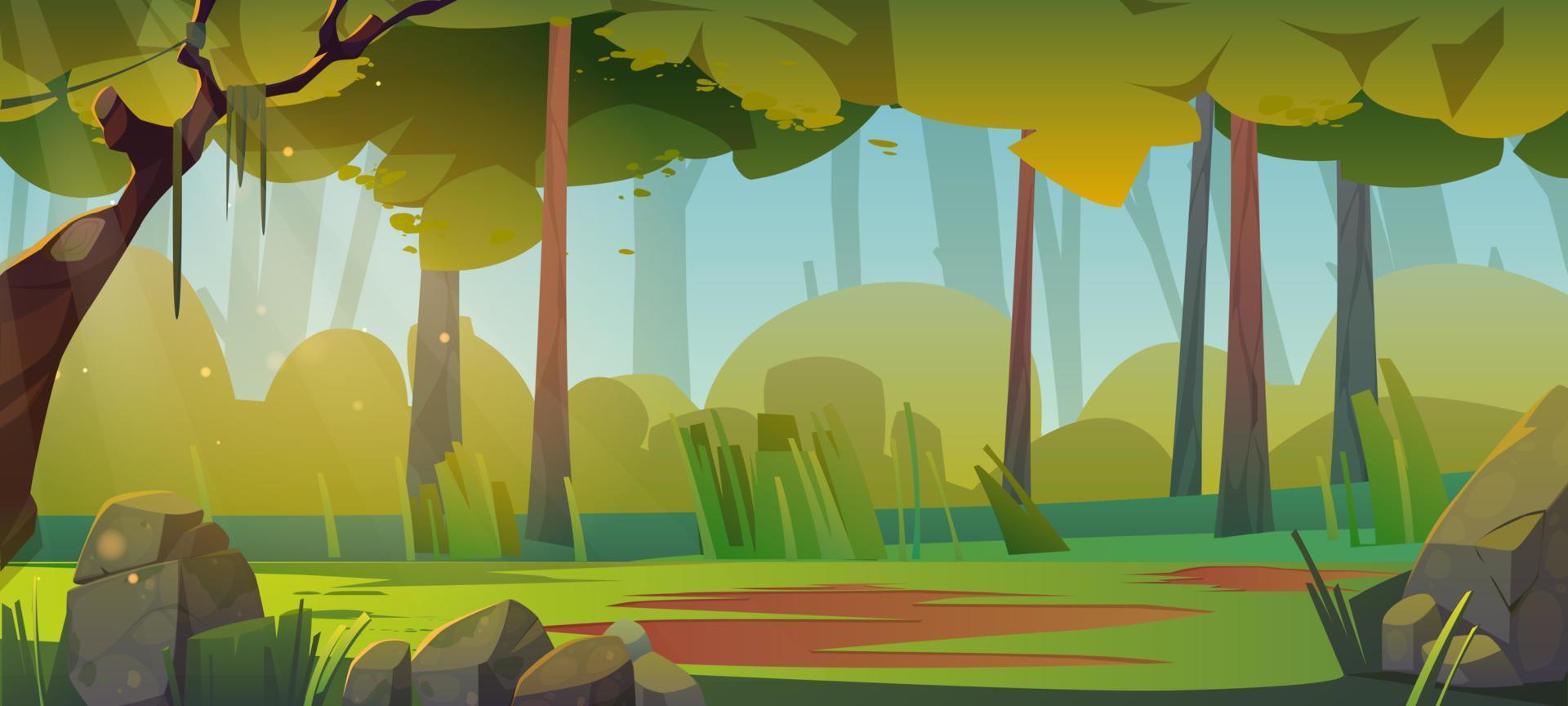 Summer forest landscape with glade, green grass vector