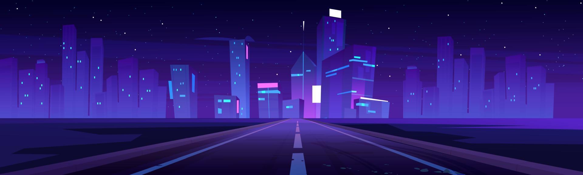 camino a la ciudad nocturna, carretera vacía y horizonte resplandeciente vector