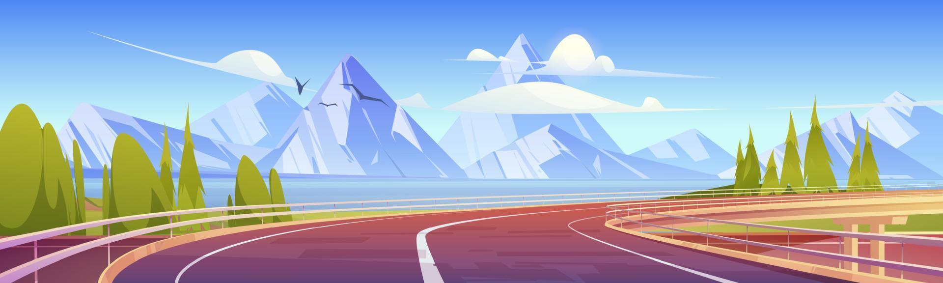 Car overpass road on lake shore with mountains vector