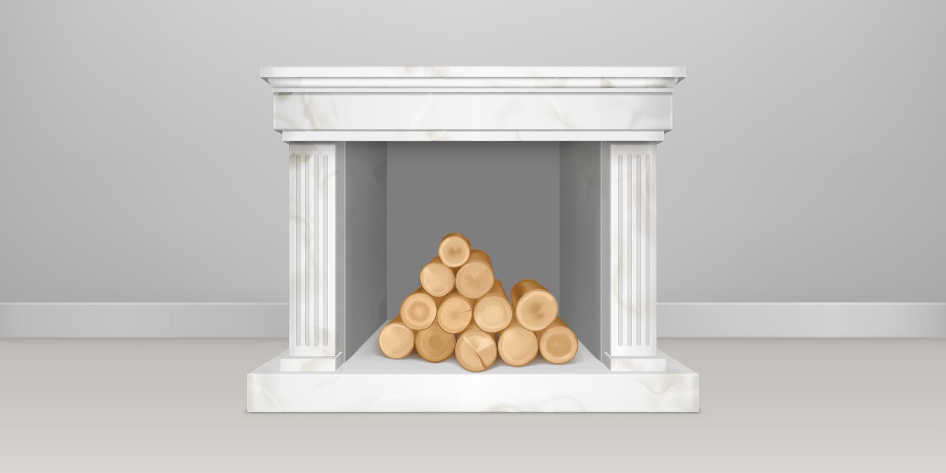 White marble fireplace with pile of logs vector