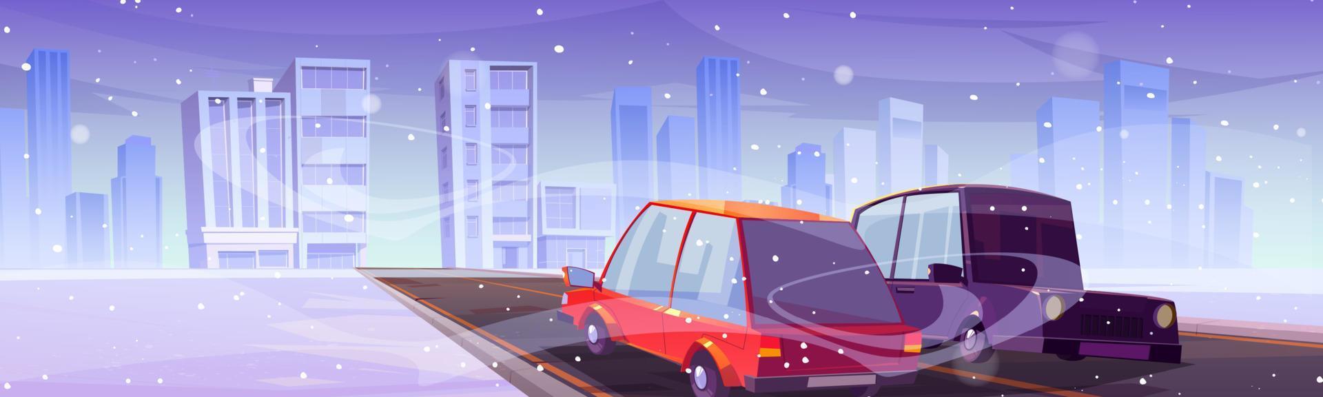 Cars driving at winter city road with falling snow vector