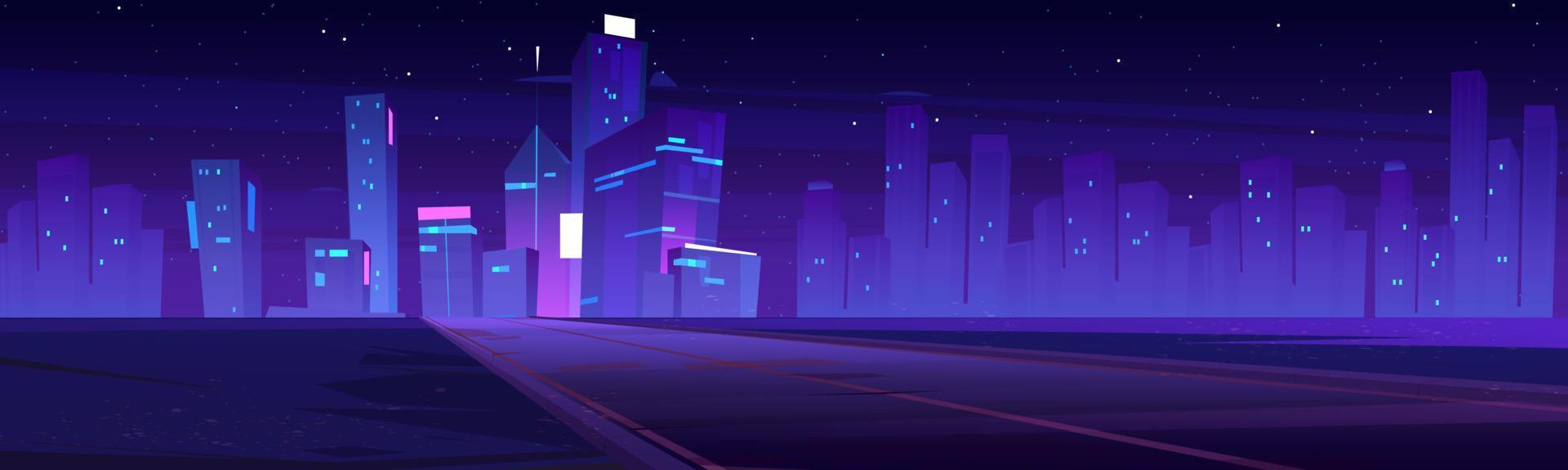 Road to night city, empty highway, purple skyline vector