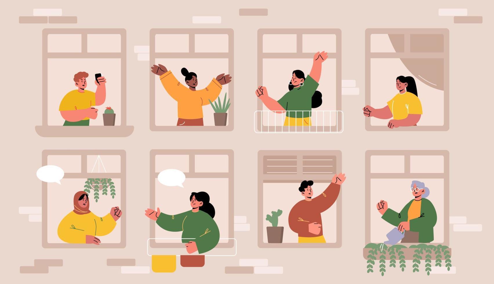 People in windows, multiracial neighbors life vector