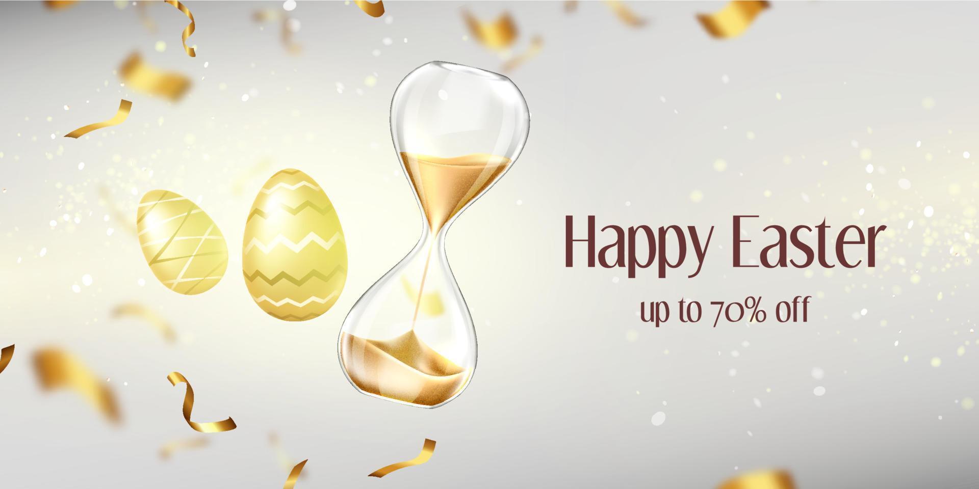 feliz pancarta de venta de pascua con huevos de oro, reloj de arena vector