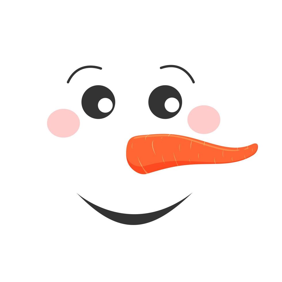 Smiling snowman face. Funny snow man head with rosy cheeks and carrot noses. Winter holidays design vector