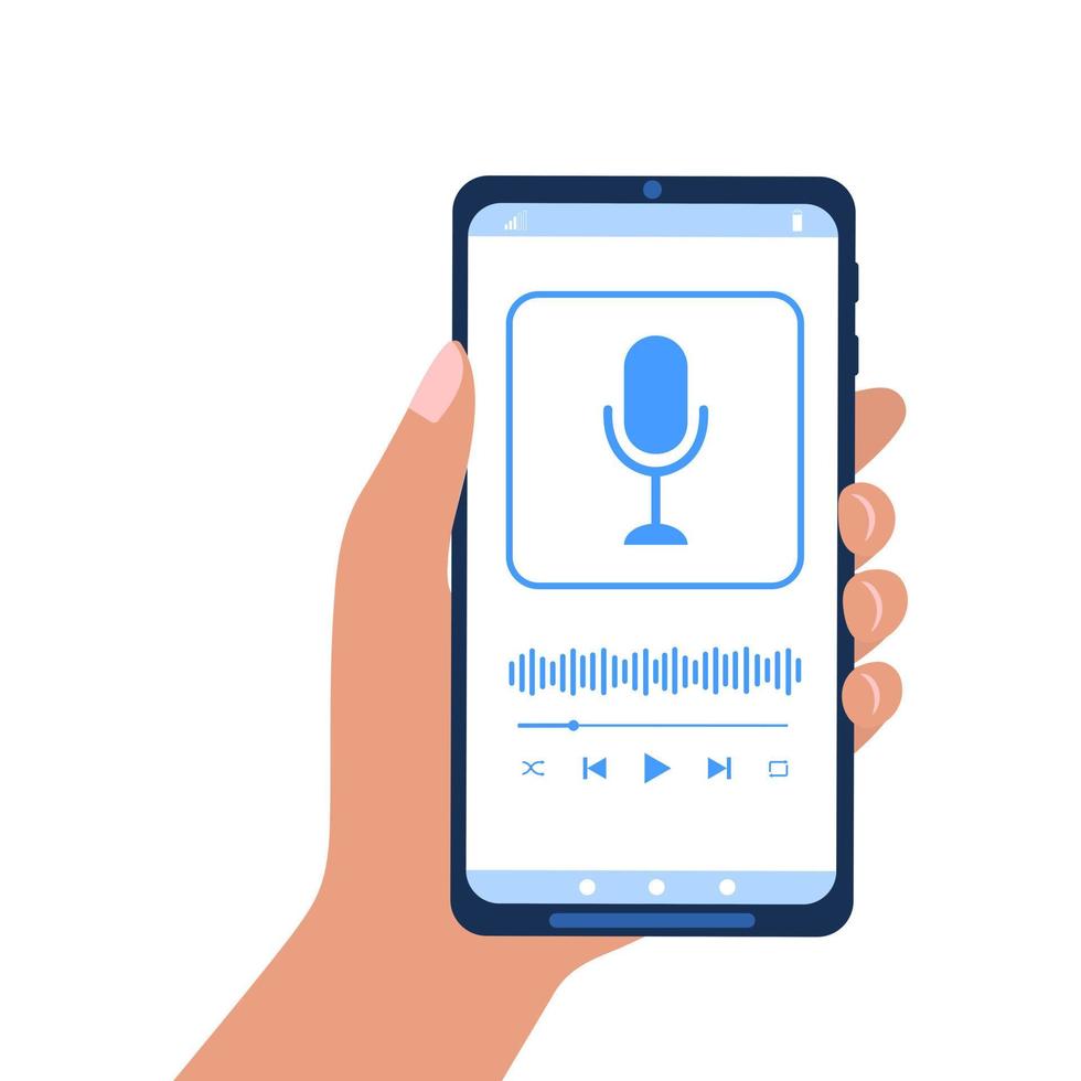Hand holding smartphone with podcast player interface on screen. Listening music, online radio or live stream on mobile app concept vector