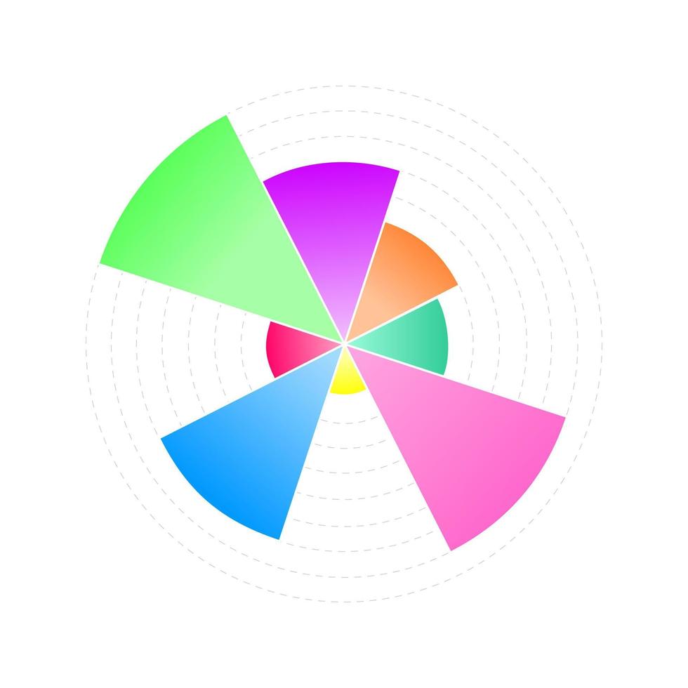 Circle chart example. Wheel diagram with 8 colorful segments of different volumes. Financial data visualization template. Statistical infographic design layout vector