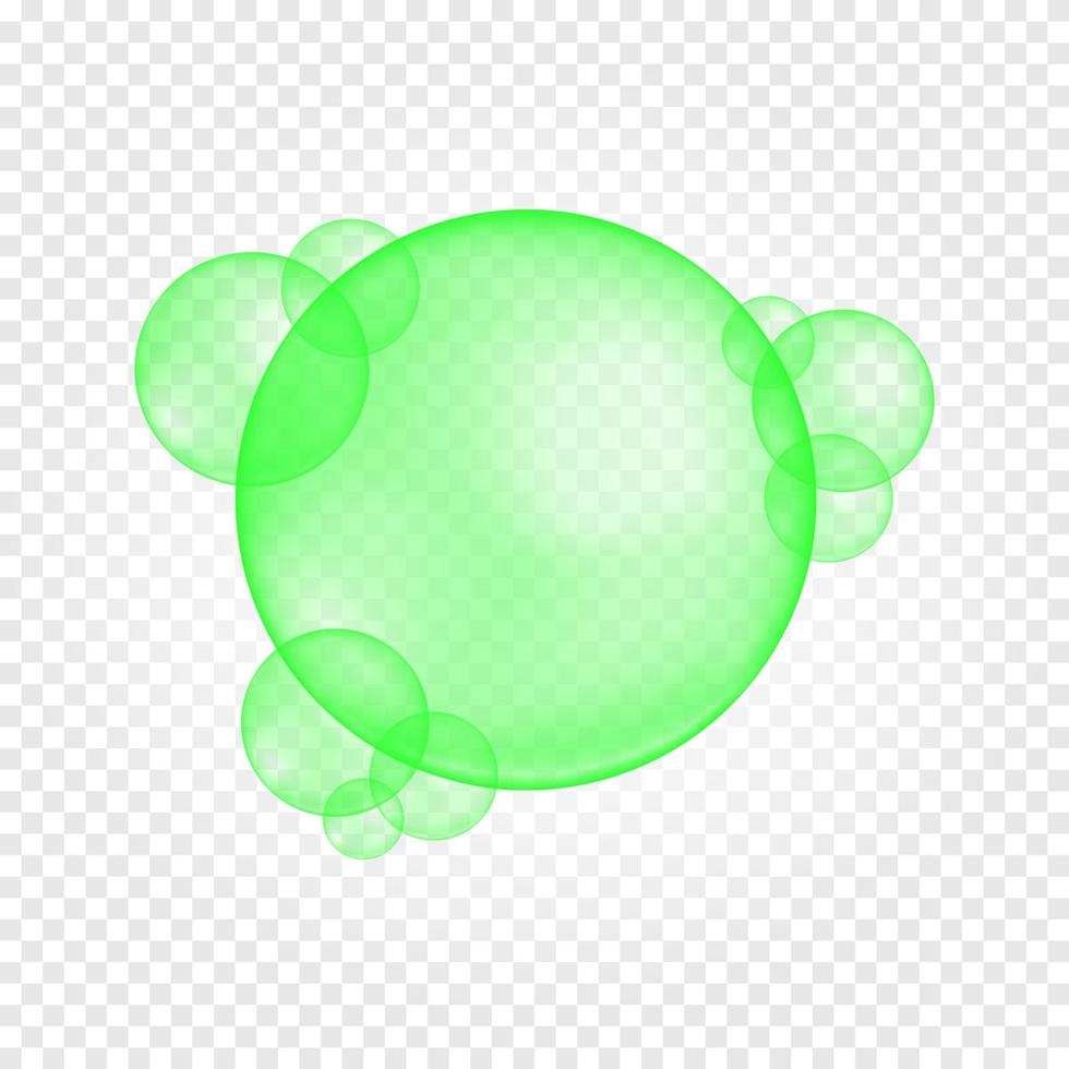 Green glossy bubbles. Pure verdant balls of aloe oil, vitamin E, olive drop on transparent background vector