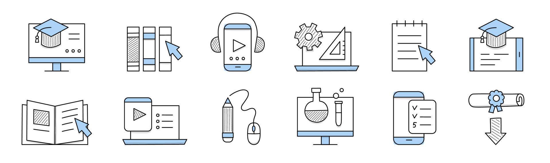 Online education doodle icons, isolated elements vector