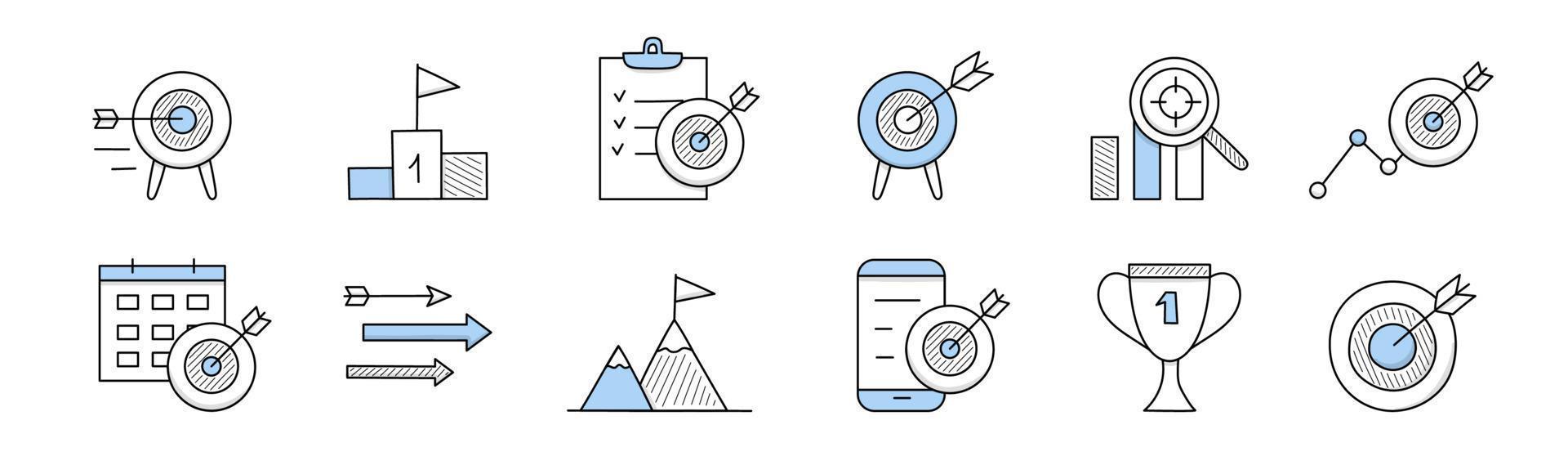 Business goal doodle icons, isolated elements set vector