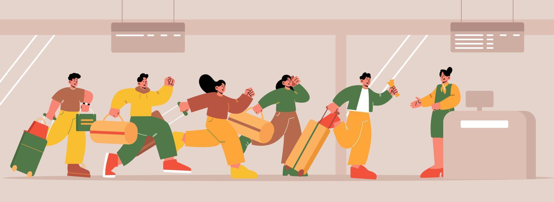 People running at airport, worried tourists run vector