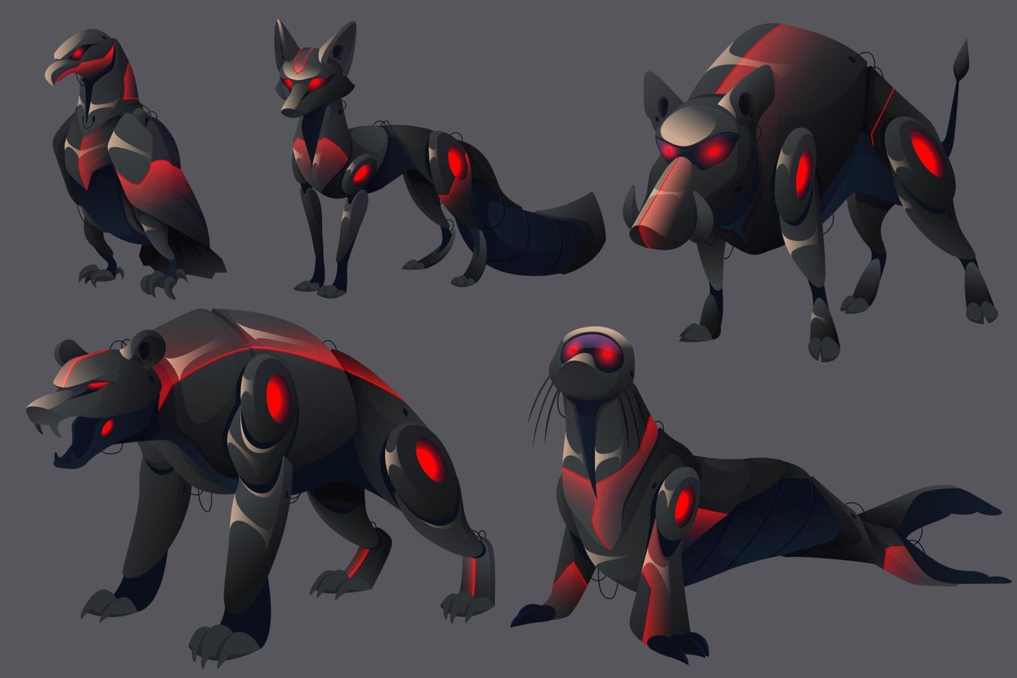 Evil mechanical animals, bear, seal, boar robots vector