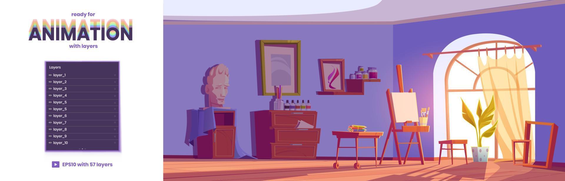 Parallax background with art studio, artist room vector