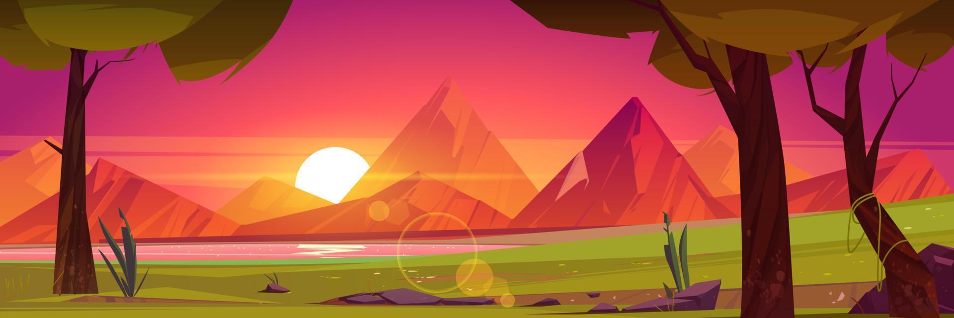 Summer landscape with mountains and lake at sunset vector