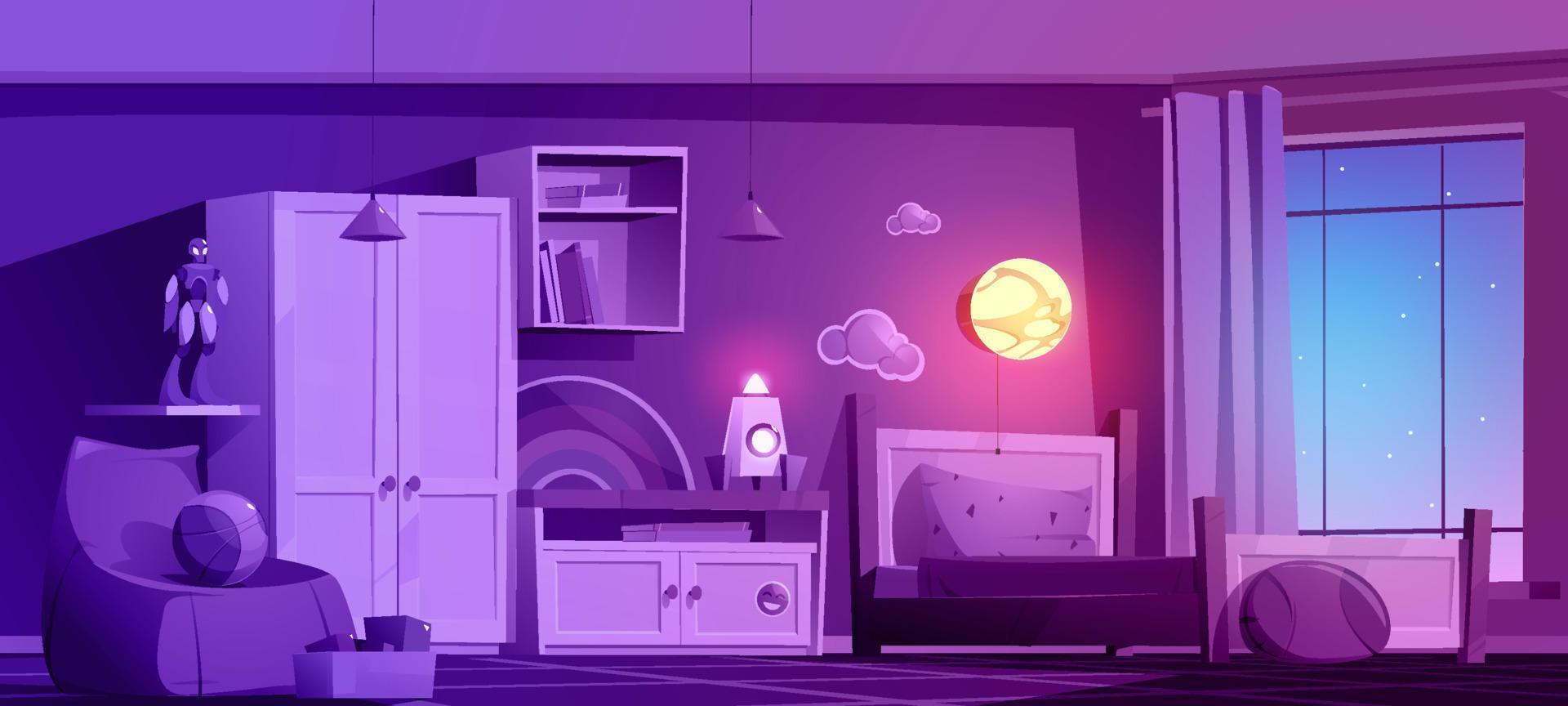 Boys bedroom with bed and toys at night vector