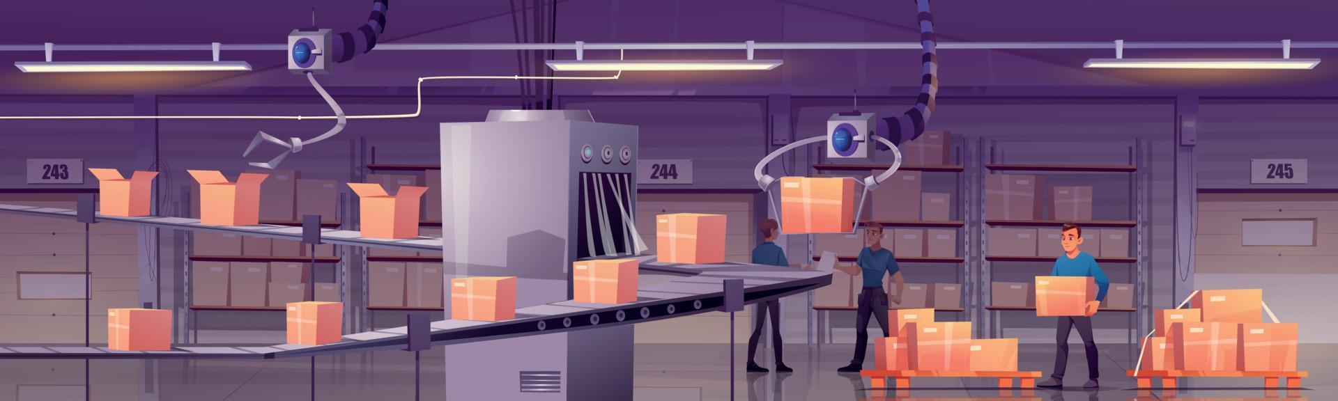 Factory warehouse with conveyor belt and robots vector