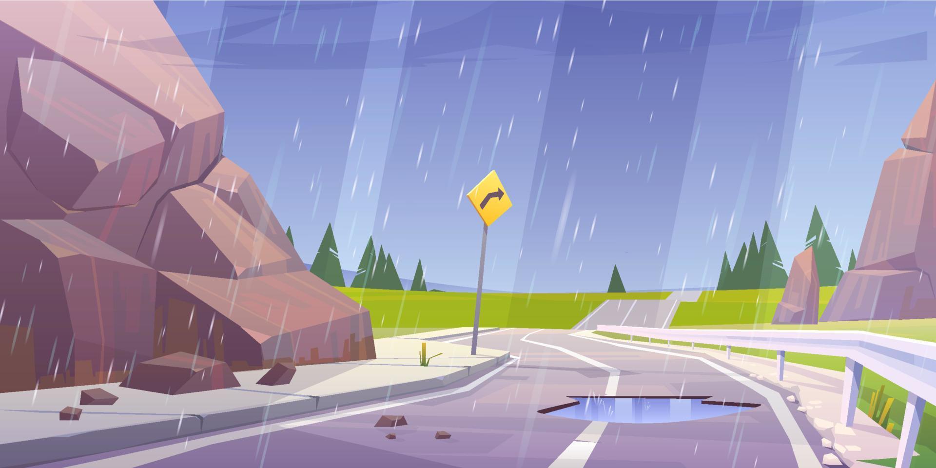 Car road, rocks and green fields in rain vector