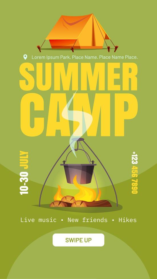 banner de campamento de verano con carpa, hoguera y jugador de bolos vector