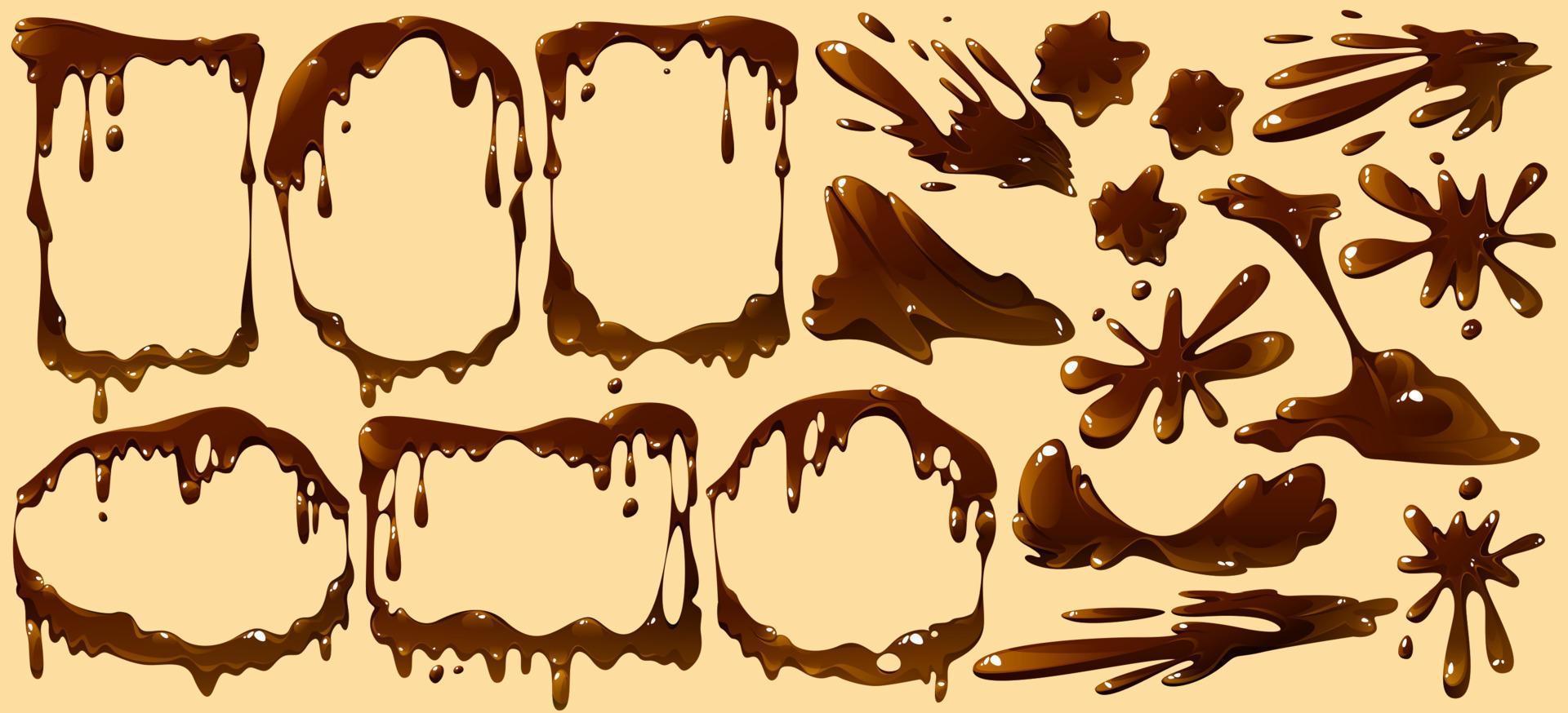 Set of melt chocolate drips, frames, splashes vector