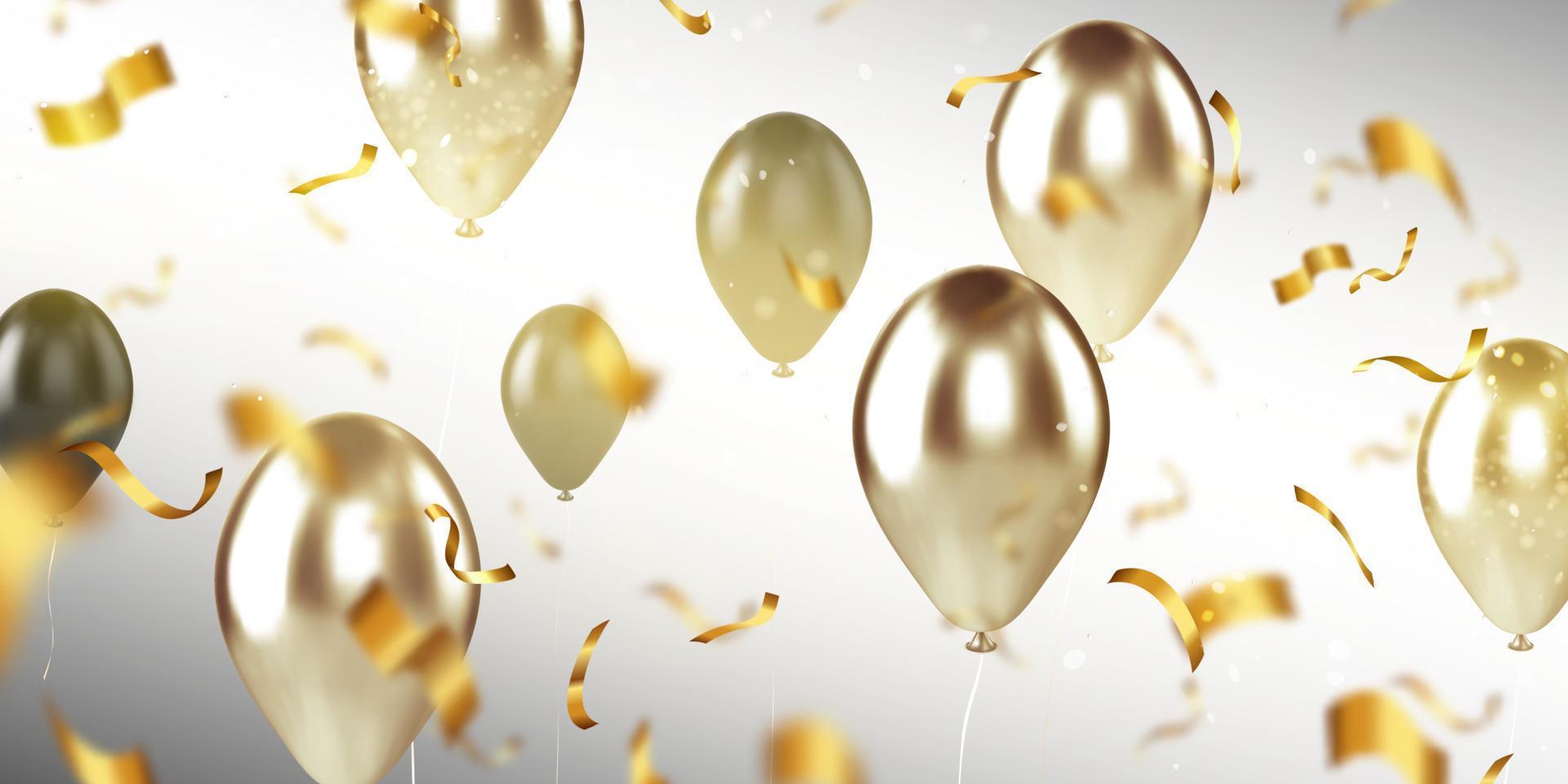 Background with gold balloons and confetti, party vector