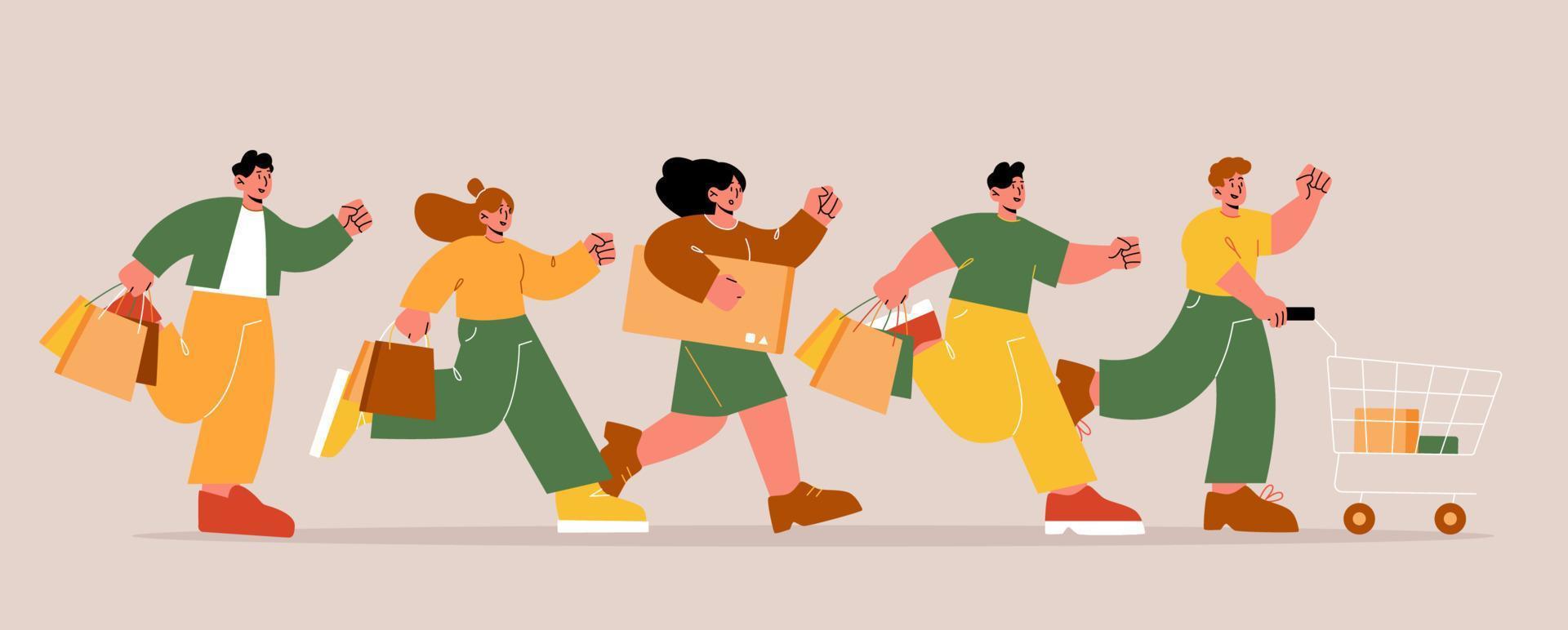 People with bags and shopping cart run vector