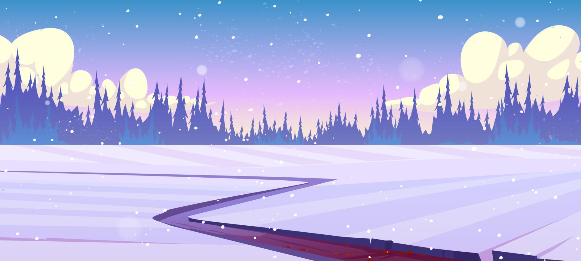 Winter landscape with snow, road and forest vector