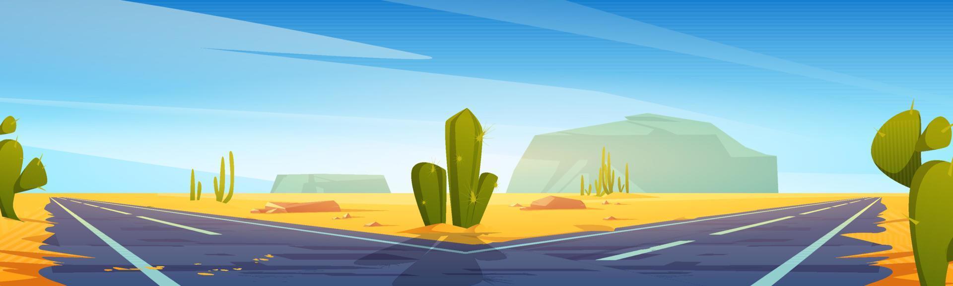 Road fork in desert with sand and cacti, highway vector