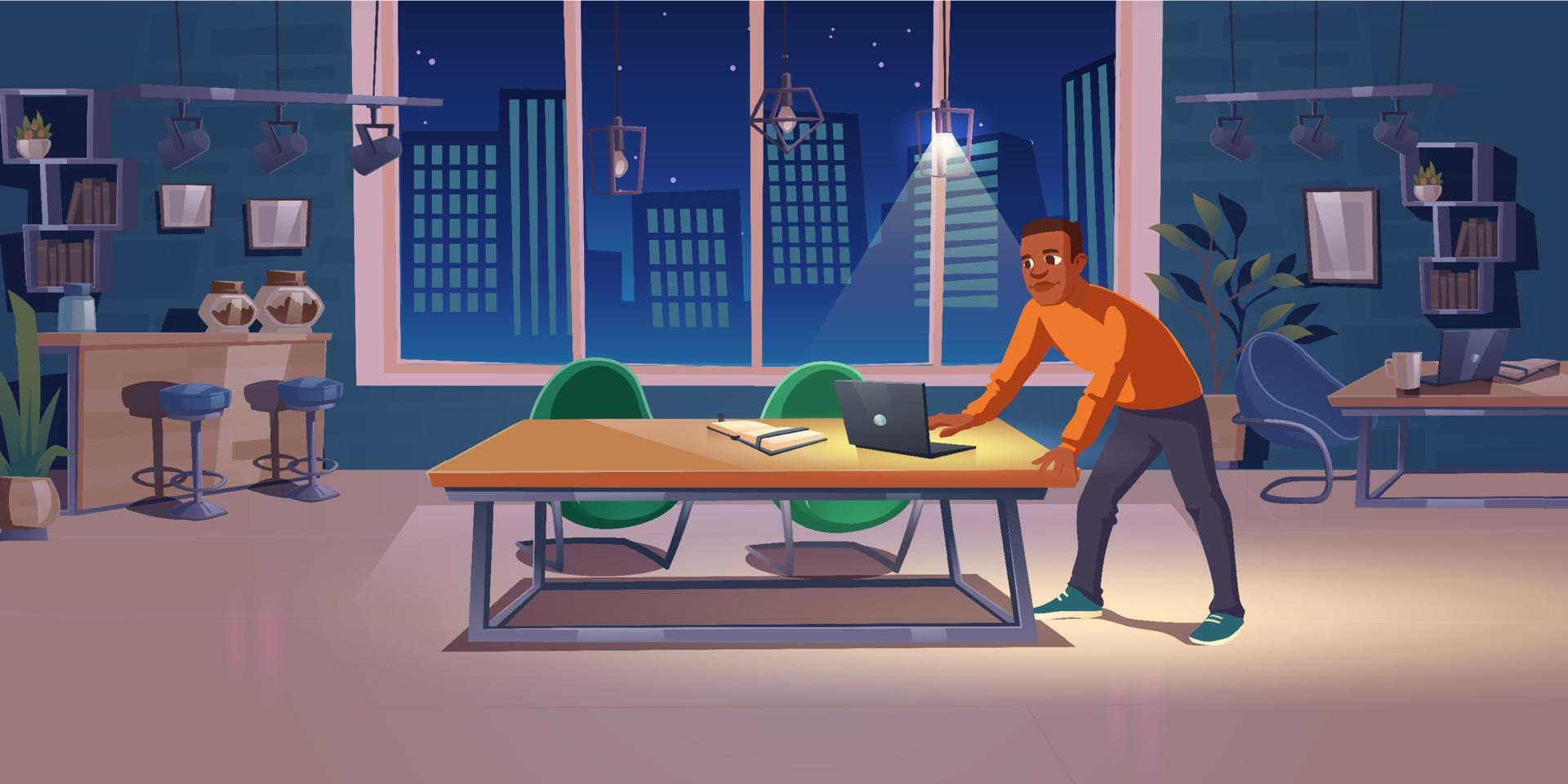 el hombre trabaja hasta tarde hasta la noche en la oficina vector