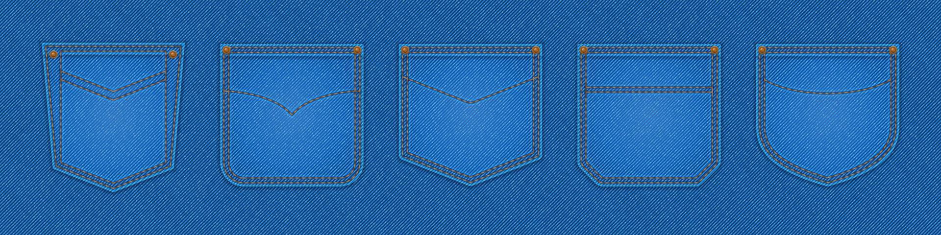 Denim patch pockets, design elements for jeans set vector